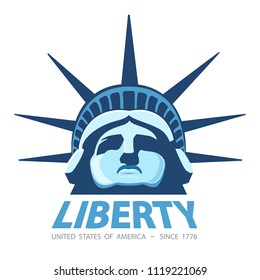 Portrait. Statue of Liberty USA, poster. 2018. Blue Linear Image. National Symbol of America. Illustration, white background. Use presentations, corporate reports, emblems, labels, logos, vector
