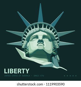 Portrait. Statue of Liberty USA, poster. 2018. Green Linear Image. National Symbol of America. Illustration, dark black background. Use presentations, corporate reports, emblems, labels, logos, vector