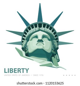 Portrait. Statue of Liberty USA, poster. 2018. Green Linear Image.New York. National Symbol of America. Illustration, white background.Use presentations, corporate reports, emblems,labels, logo,vector