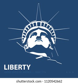 Portrait. Statue of Liberty USA, poster. 2018.Blue Linear Image. New York. National Symbol of America.Illustration,dark blue background.Use presentations, corporate reports,emblems,labels, logo,vector