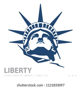 Portrait. Statue of Liberty USA, poster. 2018. Blue Linear Image. New York. National Symbol of America. Illustration, white background. Use presentations, corporate reports, emblems, labels, logo, vec