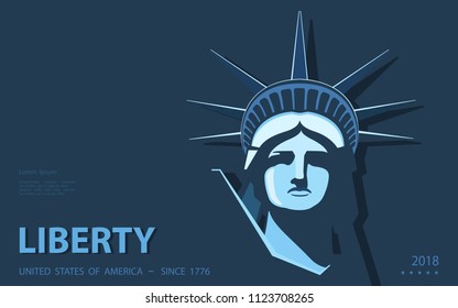 Portrait. Statue of Liberty USA, poster. 2018. Blue Linear Image. New York. National Symbol of America. Illustration, dark background. Use presentations, corporate reports, emblems, labels, logo, vect