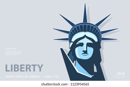 Portrait. Statue of Liberty USA, poster. 2018. Blue Linear Image. New York. National Symbol of America. Illustration, gray background. Use presentations, corporate reports, emblems, labels, logo, vect