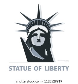 Portrait. Statue of Liberty USA, poster. Black and white linear image. New York. Symbol of America. Illustration, white background. Use presentations, corporate reports, emblems, labels, logos, vector