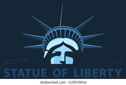 Portrait. Statue of Liberty USA, poster. 2018. Blue Linear Image. New York. National Symbol of America. Illustration, dark background. Use in presentations,corporate reports, emblems,labels, logo, vector