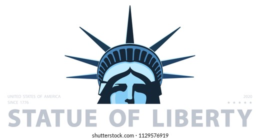 Portrait. Statue of Liberty USA, poster. 2018. Blue Linear Image. New York. National Symbol of America. Illustration white background. Use in presentations, corporate reports, emblems,labels, logo,vector