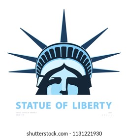 Portrait. Statue of Liberty USA, poster. 2018. Blue Linear Image. New York. National Symbol of America. Illustration white background. Use presentations,corporate reports, emblems, labels,logo, vector