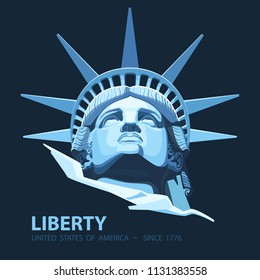 Portrait. Statue of Liberty USA, poster. 2018. Blue Linear Image. New York. National Symbol of America. Illustration, dark background.Use presentations,corporate reports, emblems,labels, logo,vector