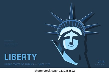 Portrait. Statue of Liberty USA, poster. 2018. Blue Linear Image. New York. National Symbol of America. Illustration, dark background.Use presentations, corporate reports, emblems, labels, logo,vector