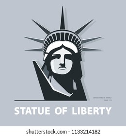 Portrait. Statue of Liberty USA, poster. Black and white linear image. New York. Symbol of America. Illustration, gray background. Use presentations, corporate reports, emblems, labels, logos, vector
