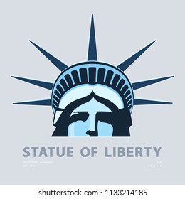 Portrait. Statue of Liberty USA, poster. 2018. Blue Linear Image. New York. National Symbol of America. Illustration gray background. Use presentations,corporate reports, emblems, labels,logo, vector