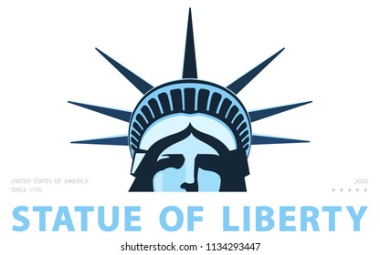 Portrait. Statue of Liberty USA, poster. 2018. Blue Linear Image. New York. National Symbol of America. Illustration white background. 