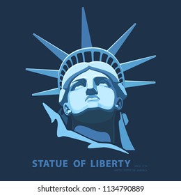 Portrait. Statue of Liberty USA, poster. 2018. Blue Linear Image. New York. National Symbol of America. Illustration, dark background.Use presentations, corporate reports, emblems, labels, logo,vector