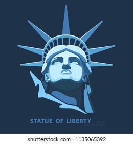 Portrait. Statue of Liberty USA, poster. 2018. Blue Linear Image. New York. National Symbol of America. Illustration, dark background.Use presentations, corporate reports, emblems, labels, logo,vector