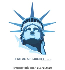 Portrait. Statue of Liberty USA, poster. 2018. Blue Linear Image. New York. National Symbol of America. Illustration white background.Use presentations, corporate reports, emblems,labels,logo, vector