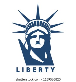 Portrait. Statue of Liberty USA, poster. Blue Linear Image. New York. National Symbol of America. Illustration, white background. Use presentations, corporate reports, emblems, labels, logo, vector