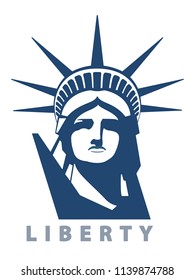 Portrait. Statue of Liberty USA, poster. Blue Linear Image. New York. National Symbol of America. Illustration, white background. Use presentations, corporate reports, emblems, labels, logo, vector