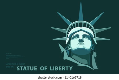 Portrait. Statue of Liberty USA, poster. Green Linear Image. New York. National Symbol of America. Illustration, dark background. Use presentations, corporate reports, emblems, labels, logo, vector
