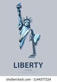 Portrait. Statue of Liberty USA, poster. Black and white linear image. New York.Symbol of America. Illustration dark, black background. Use presentations, corporate reports emblems, labels,logo,vector