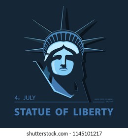 Portrait. Statue of Liberty USA, poster. Blue Linear Image. New York. National Symbol of America. Illustration, dark background. Use presentations, corporate reports, emblems, labels, logo, vector