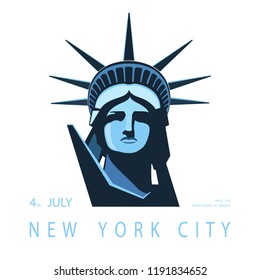 Portrait. Statue of Liberty USA, poster. Blue Linear Image. New York City. National Symbol of America. Illustration, white background.Use presentations, corporate reports, emblems, labels, logo,vector