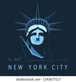Portrait. Statue of Liberty USA, poster. Blue Linear Image. New York City. National Symbol of America. Illustration, dark background. Use presentations, corporate reports, emblems, labels, logo,vector