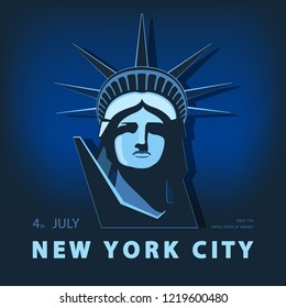 Portrait. Statue of Liberty USA, poster. Blue Linear Image. New York City. National Symbol of America. Illustration, dark background. Use presentations, corporate reports, emblems, labels, logo,vector