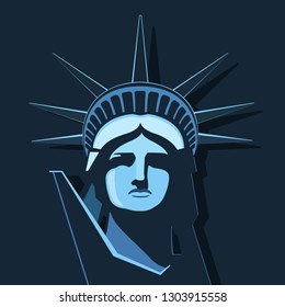 Portrait. Statue of Liberty USA, poster. Blue Linear Image. New York City. National Symbol of America. Illustration, dark background. Use presentations, corporate reports, emblems, labels, logo,vector