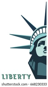 
Portrait. Statue of Liberty.Independence Day.USA. Download banner,layout. Celebration on July 4th.Flute, font, lettering silhouette. Blue text, Street Business. Green Illustration White Background
