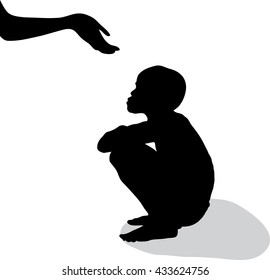 Portrait of stressful boy sitting on the floor with a hand coming out offers help, Sad and depressed boy, Woman encouraged her boy, silhouette concept