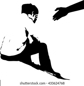 Portrait of stressful young man sitting on the floor with a hand coming out offers help, Sad and depressed man, Man encouraged young man, silhouette concept