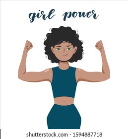 Portrait of a strong african woman. Girl shows her biceps. Girl power, African American achievements. Flat vector illustration, white background, isolated.