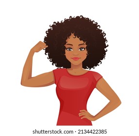 Portrait of strong beatiful african woman with afro hairstyle showing bicep on her arm isolated vector illustration