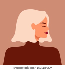 Portrait of a strong beautiful woman in profile with blond hair. Avatar of confident young caucasian girl. Vector illustration