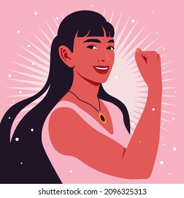 Portrait of a strong Hispanic woman in half-turn. Women’s rights and diversity. Avatar for social media. Vector illustration in flat style.