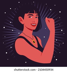 Portrait Of A Strong Hispanic Woman In Half-turn Showing Her Arm And Muscles. Gesture. Women’s Rights And Diversity. Avatar For Social Media. Vector Illustration In Flat Style.