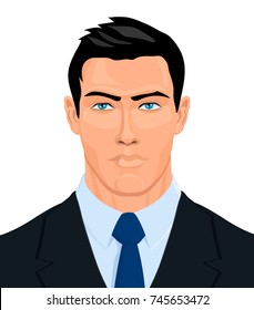 Portrait of strong man in black jacket white shirt and blue tie. Vector illustration.