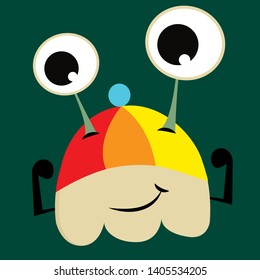 Portrait of a strong and might smiling monster wears a colorful cap, arms with clenched fists and short, and two eyes projecting outward, vector, color drawing or illustration. 