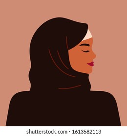 Portrait of a strong muslim woman in profile wearing a black hijab. Avatar of confident young arab girl. Vector illustration