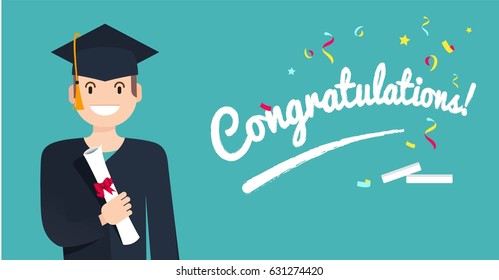 Portrait of student holding diploma. Happy graduate student with diploma in his hand isolated on blue background. Vector flat illustration