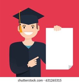 Portrait of student showing diploma. Happy graduate student with diploma in his hand isolated on red background. Vector flat illustration