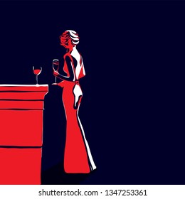 portrait style  girl young women fashion with glass of wine bold colours vector illustration
