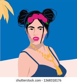 portrait style  girl young women on the beach fashion with plants vector illustration