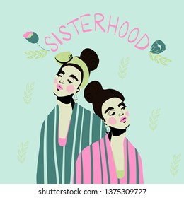 portrait style  two girls young women fashion sisterhood vector illustration