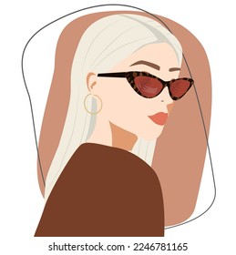 Portrait of a stylish blonde woman wearing sunglasses. Fashionable business lady in beautiful accessories. Vector illustration is suitable for social networks or porter.  Office style. 