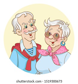 Portrait of a stylish elderly couple. Composition in the circle. In cartoon style. Isolated on white background. Avatar icon. Vector illustration. 