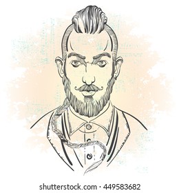 Portrait of stylish fashion bearded man. High detailed Trendy Vector illustration