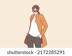 Portrait of stylish handsome young man in fashionable clothes and sunglasses posing. Smiling guy model wearing designer garment. Fashion and style. Vector illustration.
