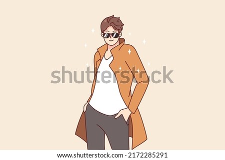 Portrait of stylish handsome young man in fashionable clothes and sunglasses posing. Smiling guy model wearing designer garment. Fashion and style. Vector illustration.