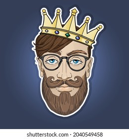 Portrait of stylish hipster men. Vector illustration. With fashionable hairstyles, beards, moustaches and crown. The Modern King. Sticker.